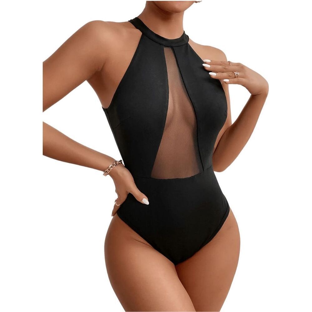 NEW Sleeveless Scoop Neck High Cut Skinny Mesh Tank Top Bodysuit M